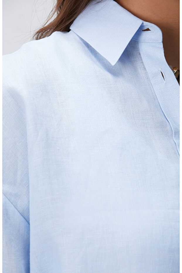 Açık Mavi Keten Gömlek - 7