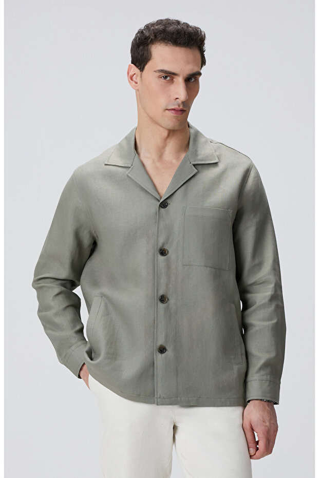 Haki Keten Dış Gömlek - 1