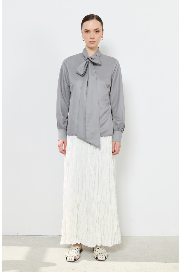 Fiyonklu Basic Gömlek Gri - 5