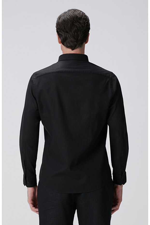Siyah Keten Karışımlı Gömlek - 5