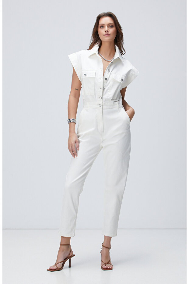 Kırık Beyaz Denim Tulum - 4