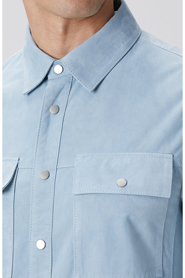 Açık Mavi Süet Mont - 6