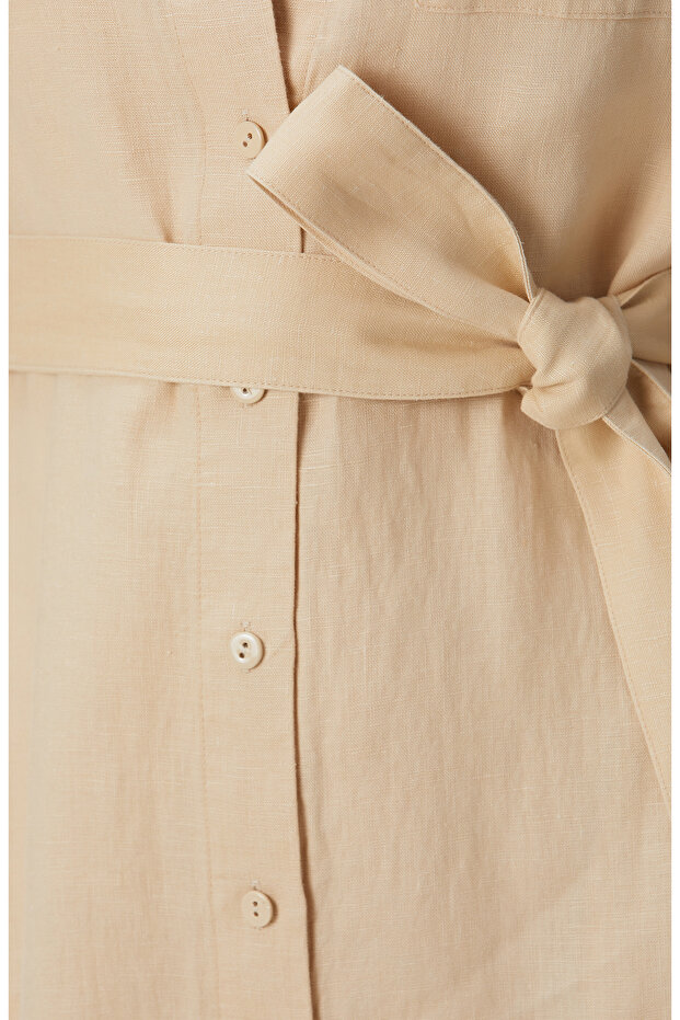 Bej Keten Midi Elbise - 7