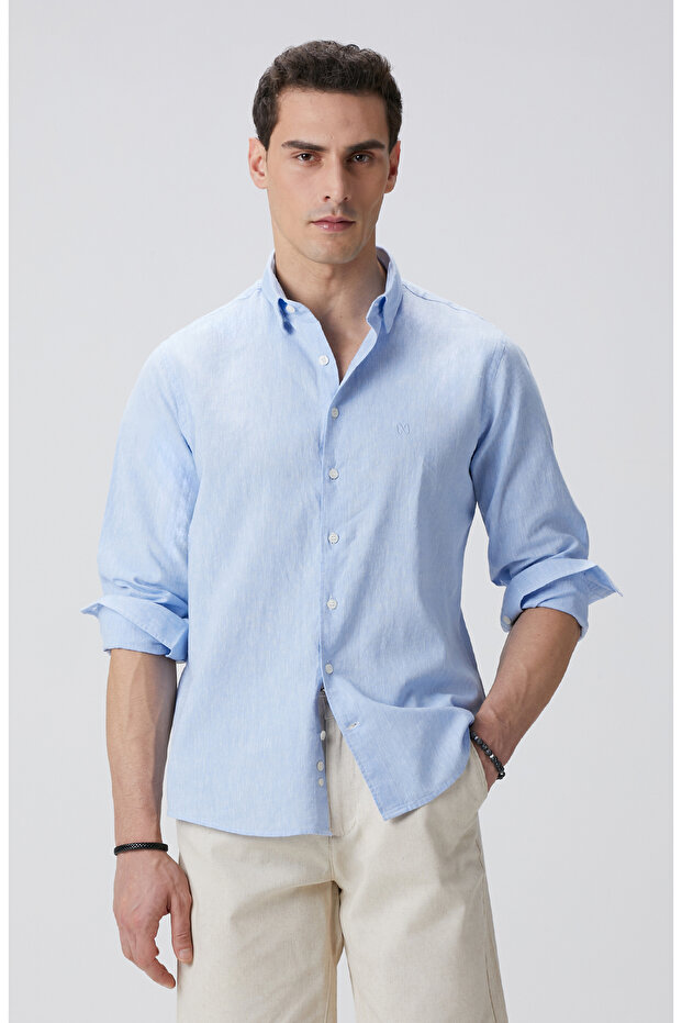 Açık Mavi Keten Gömlek - 1