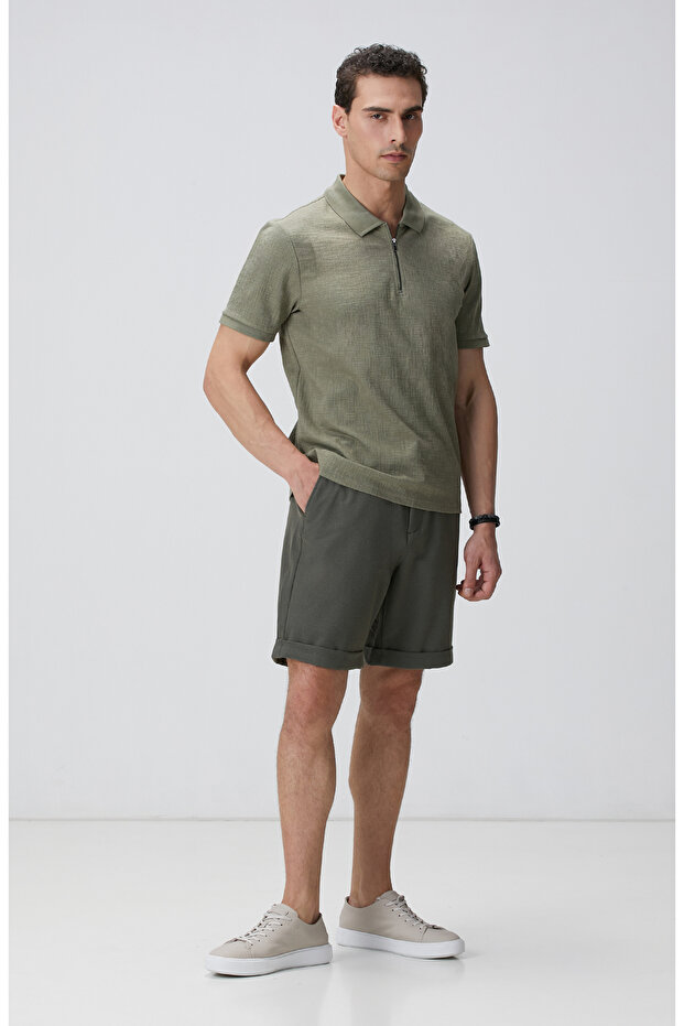 Haki Gofre Desenli Şort - 1