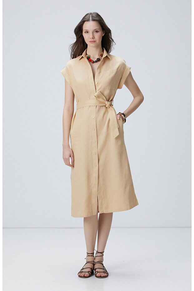 Bej Keten Midi Elbise - 4