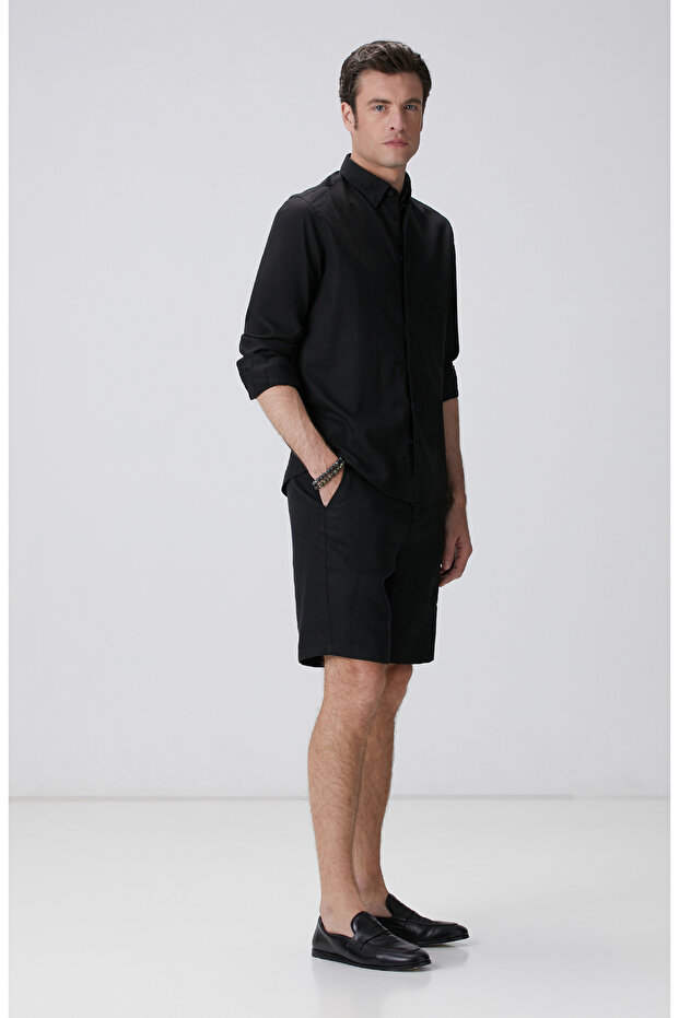 Siyah Keten Karışımlı Gömlek - 3