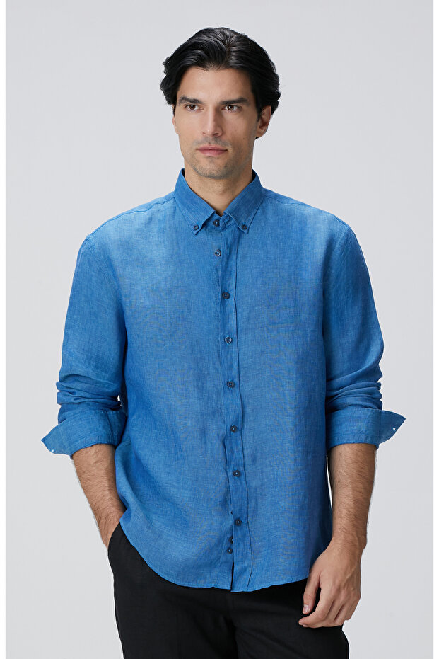 Turkuaz Keten Gömlek - 1