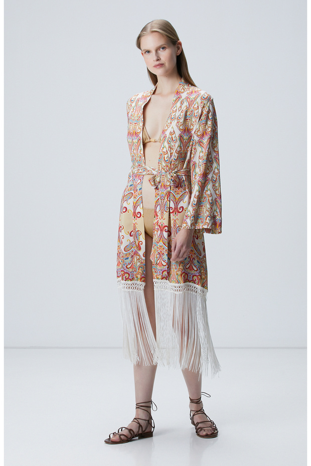 Bej Püsküllü Desenli Kaftan - 4