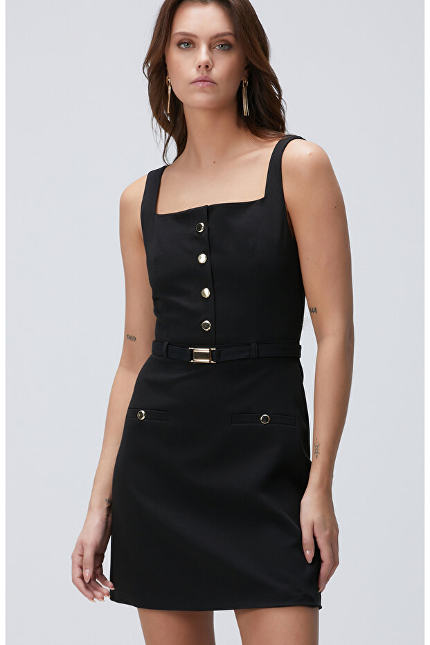 Siyah Aksesuar Detaylı Elbise - 2