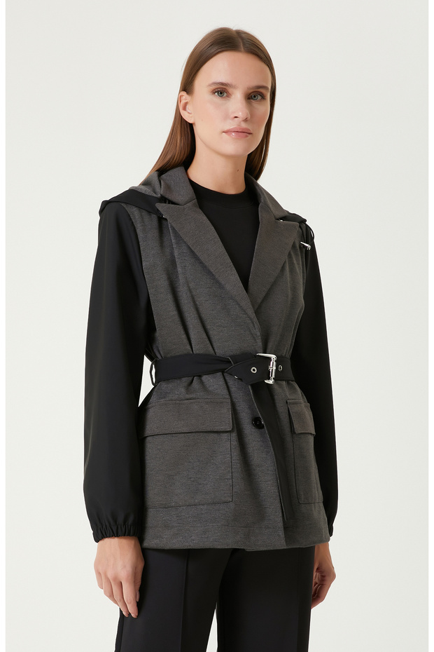 Siyah N-Tech Kemerli Ceket - 1