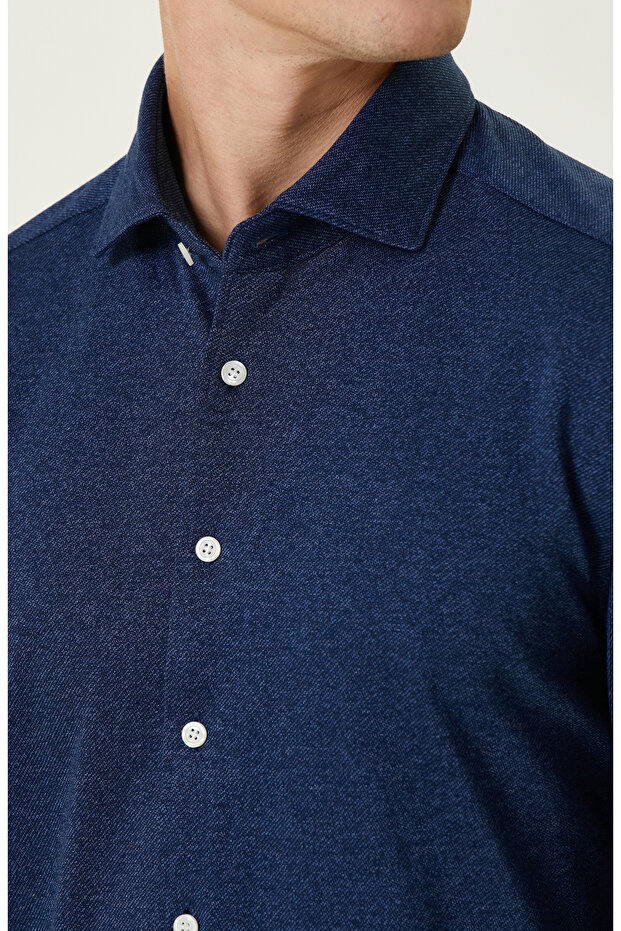 İndigo Diyagonal Örme Gömlek - 6