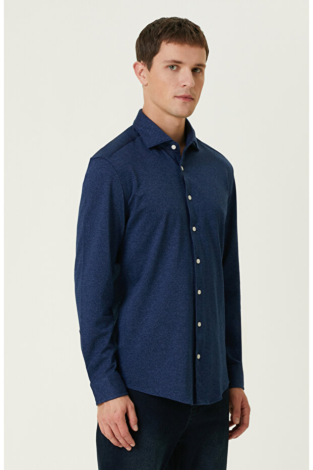 İndigo Diyagonal Örme Gömlek - 4