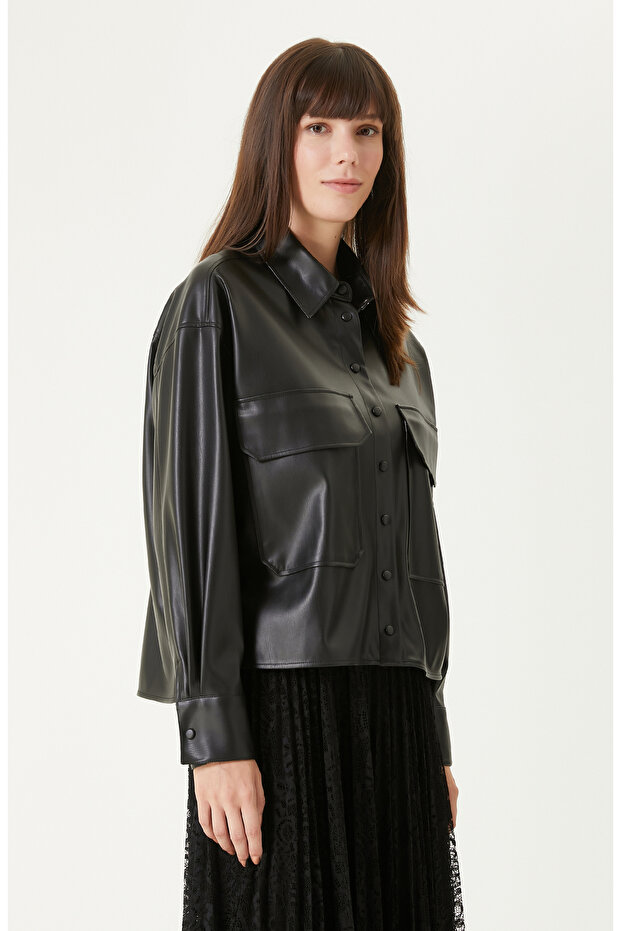 Siyah vegan Deri Gömlek - 4