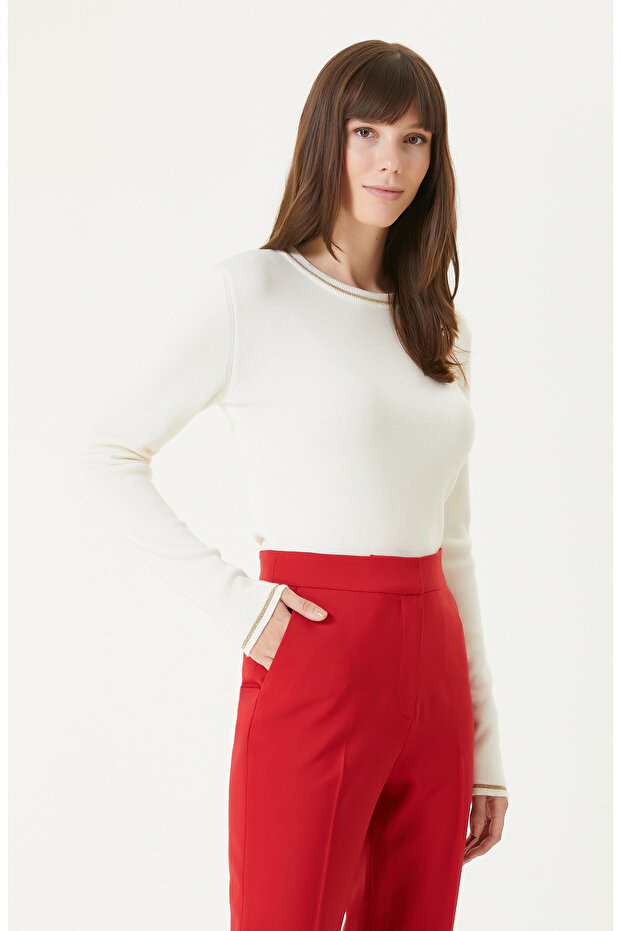 Ekru %100 Yün Sim Detaylı Kazak - 1