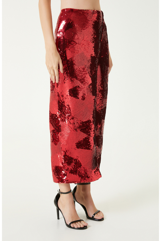 Kırmızı Payetli Midi Etek - 3