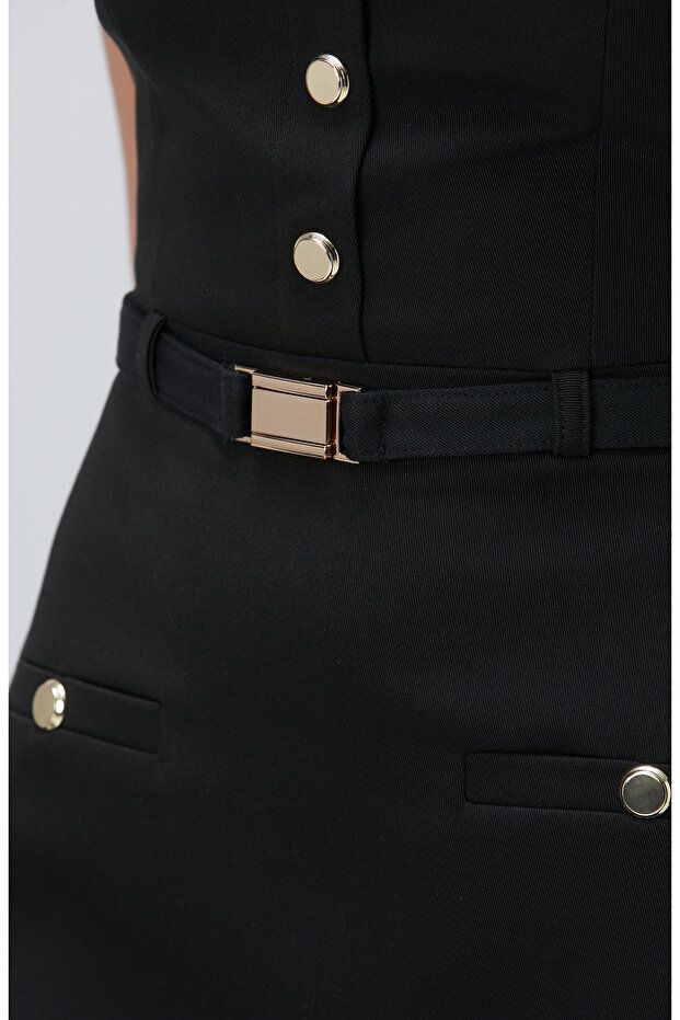 Siyah Aksesuar Detaylı Elbise - 7