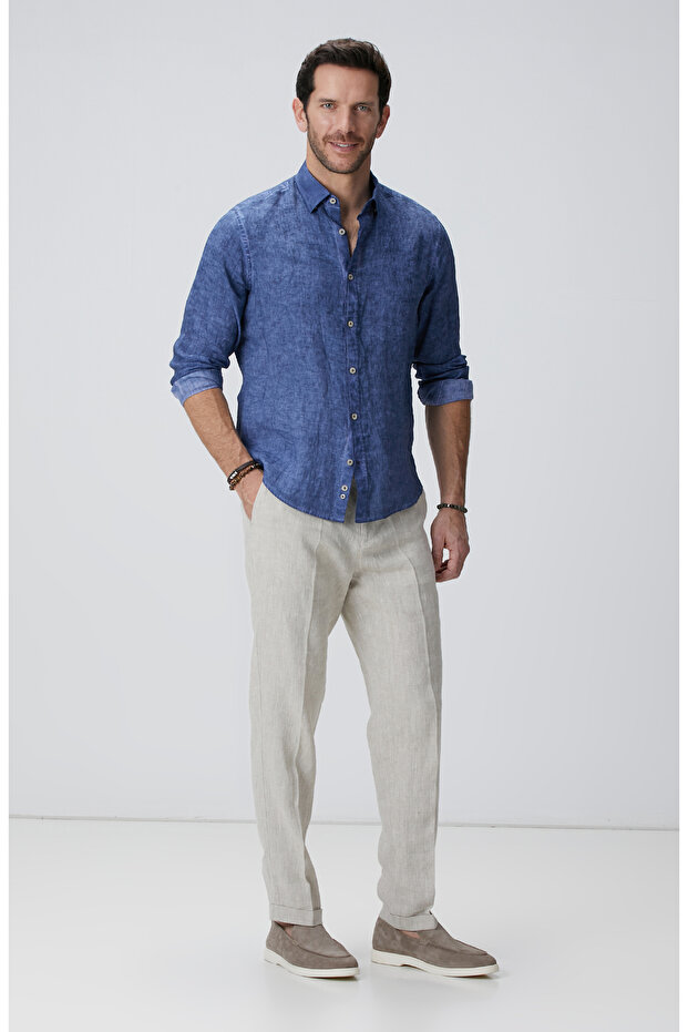 Lacivert Keten Gömlek - 3