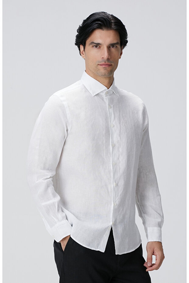Beyaz Keten Gömlek - 4