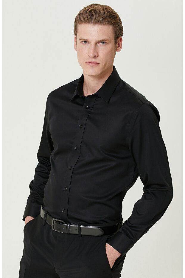 Siyah Non-Iron Saten Gömlek - 2