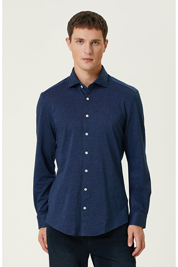 İndigo Diyagonal Örme Gömlek - 1