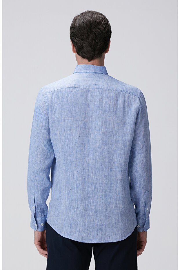 Açık Mavi Keten Gömlek - 5