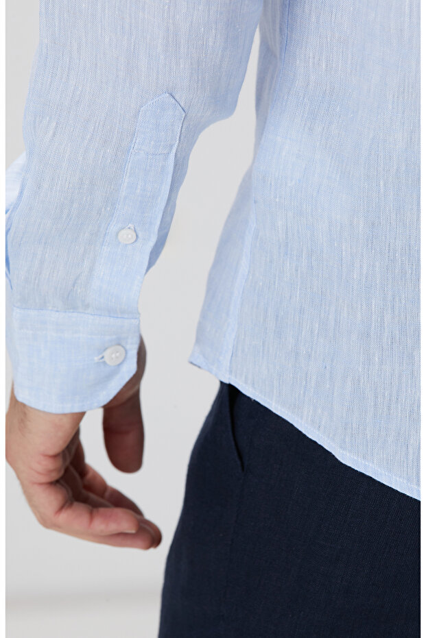 Açık Mavi Keten Gömlek - 8