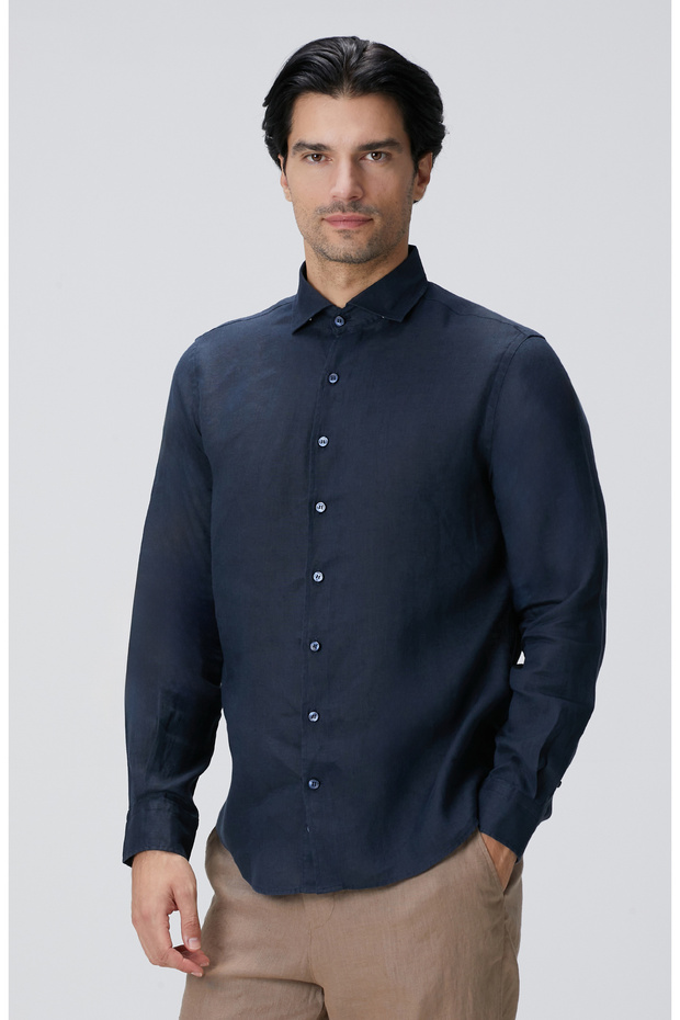 Lacivert Keten Gömlek - 4