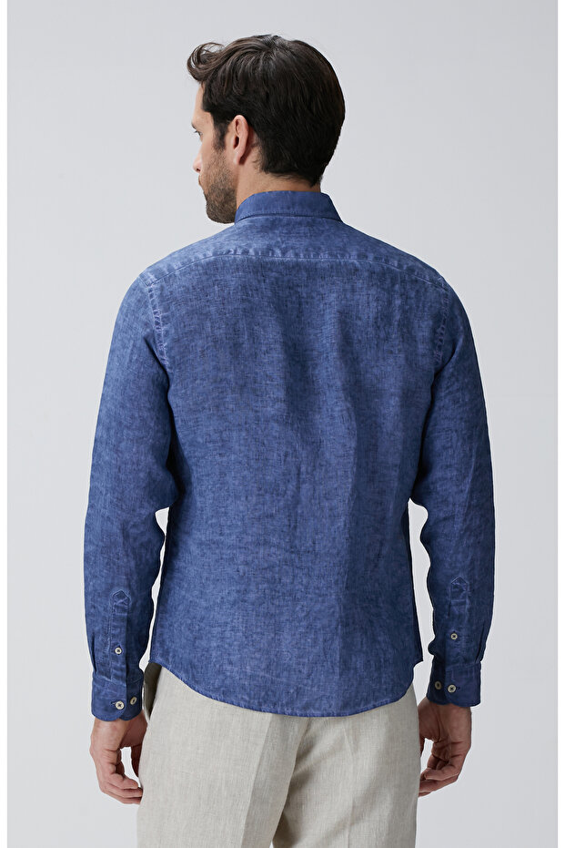 Lacivert Keten Gömlek - 6