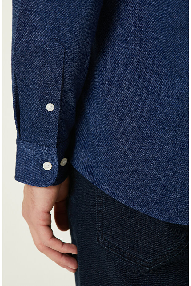 İndigo Diyagonal Örme Gömlek - 7