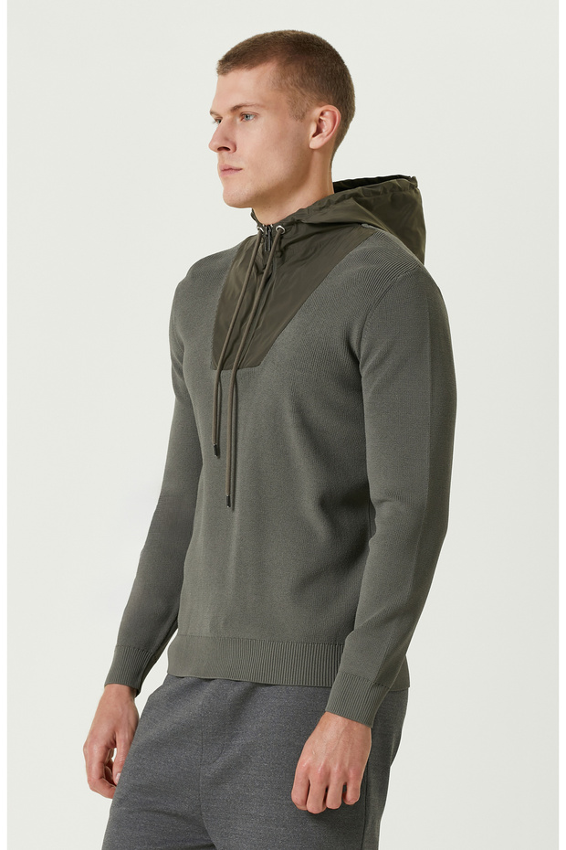 Haki Kapüşonlu Triko Kazak - 4