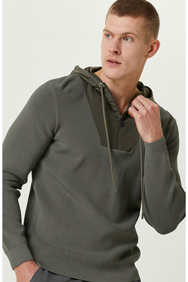 Haki Kapüşonlu Triko Kazak - 2