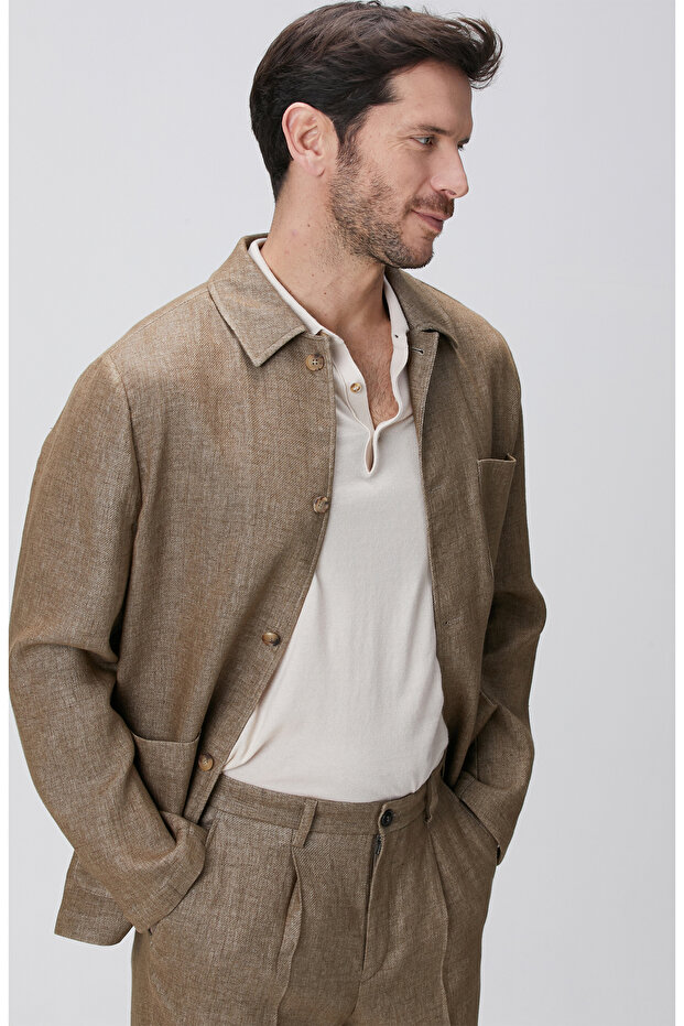 Camel Keten Karışımlı Ceket - 4