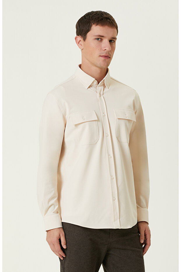 Açık Bej Limited Çift Cepli Örme Gömlek - 3