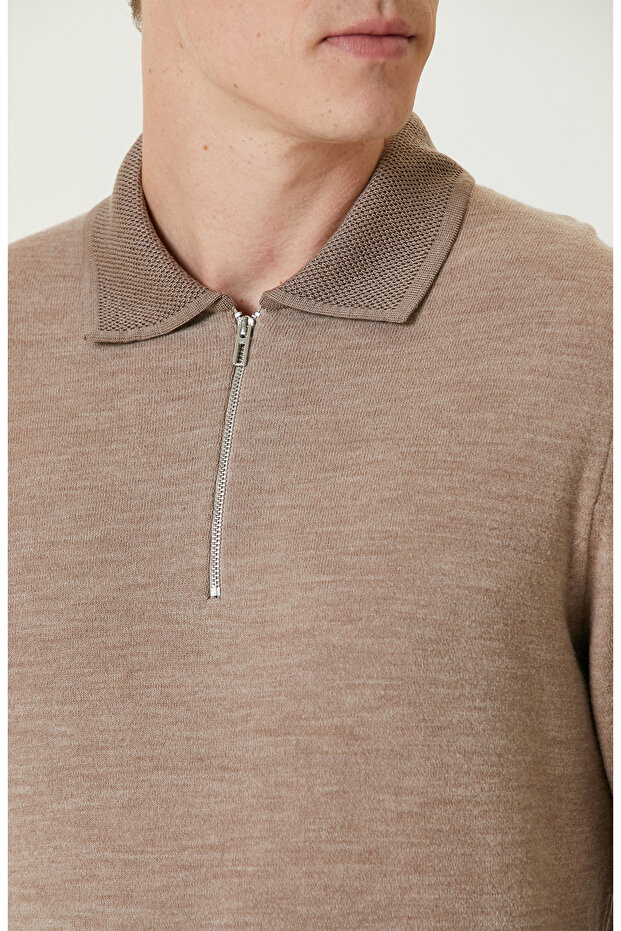 Bej Melanj Polo Yaka Fermuarlı Triko Kazak - 6