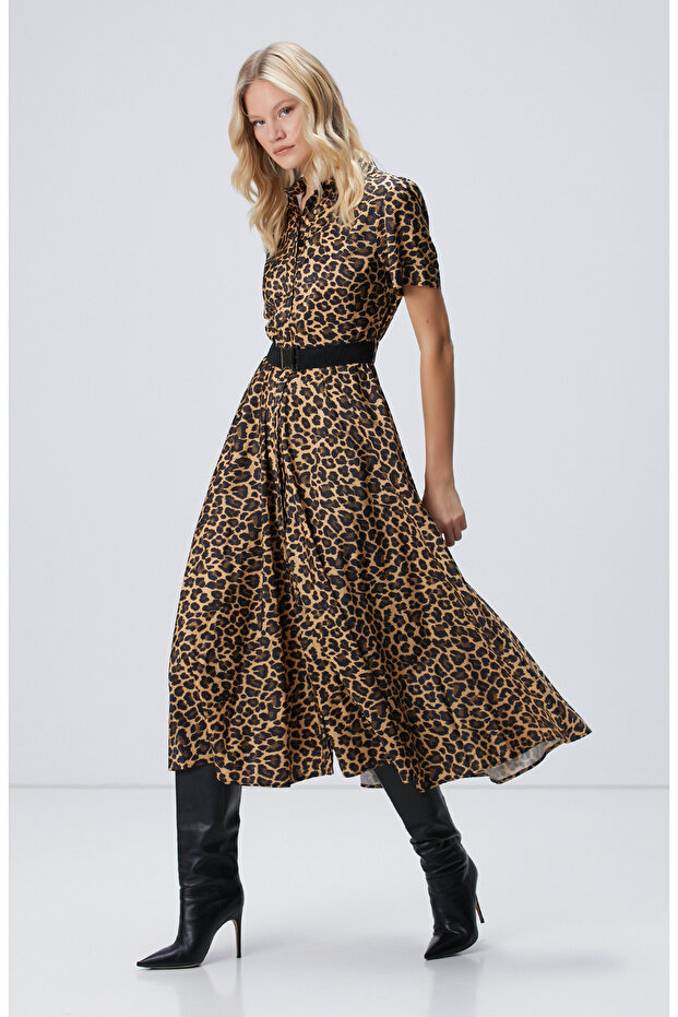 Kahverengi Camel Midi Elbise - 3