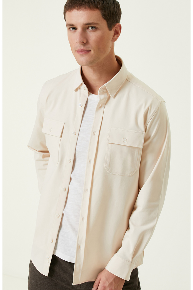 Açık Bej Limited Çift Cepli Örme Gömlek - 7