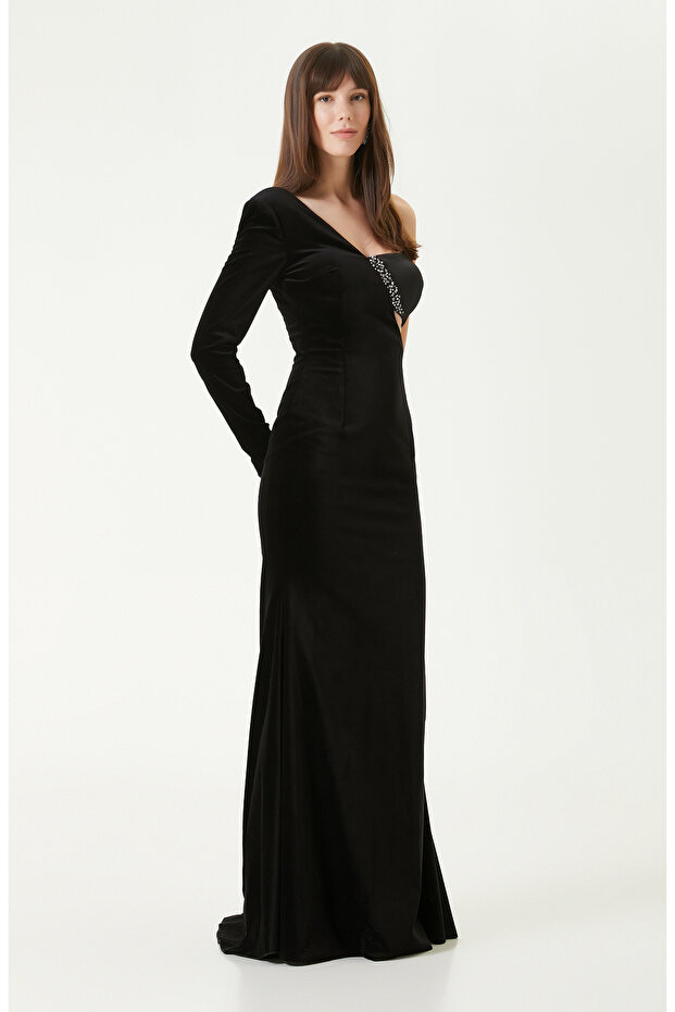 Siyah Taşlı Abiye Elbise - 5