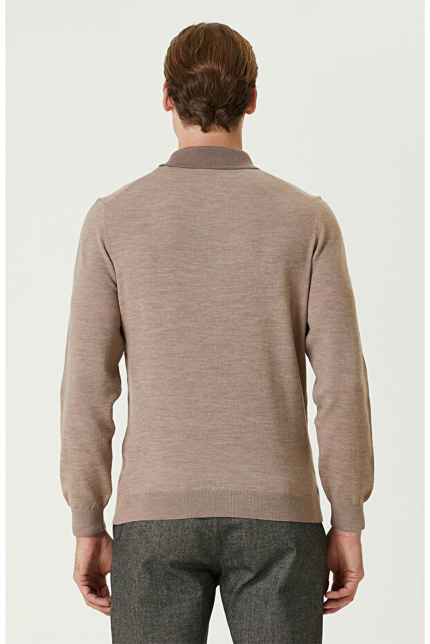 Bej Melanj Polo Yaka Fermuarlı Triko Kazak - 5