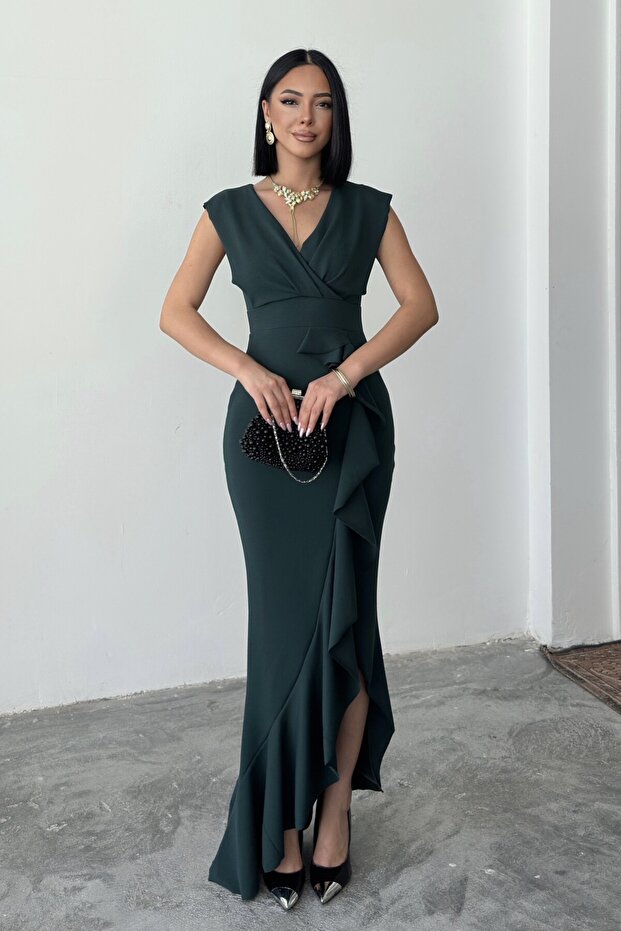 Women's Emerald Scuba Fabric Double-Breasted Neck Ruffled Evening Graduation Wedding Dress
