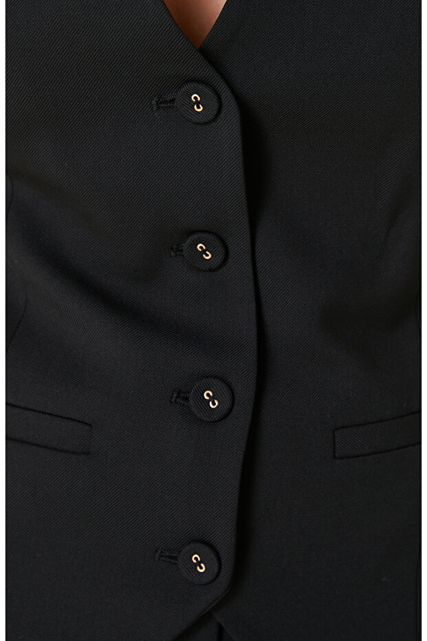 Siyah Yün Karışımlı Yelek - 5