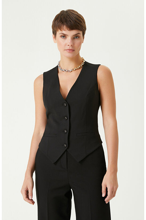 Siyah Yün Karışımlı Yelek - 1