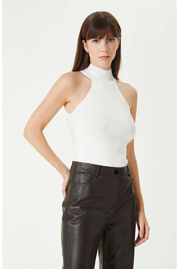 Kırık Beyaz Yüzücü Form Basıc Triko Kazak - 1