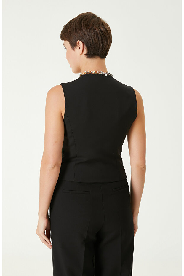 Siyah Yün Karışımlı Yelek - 6