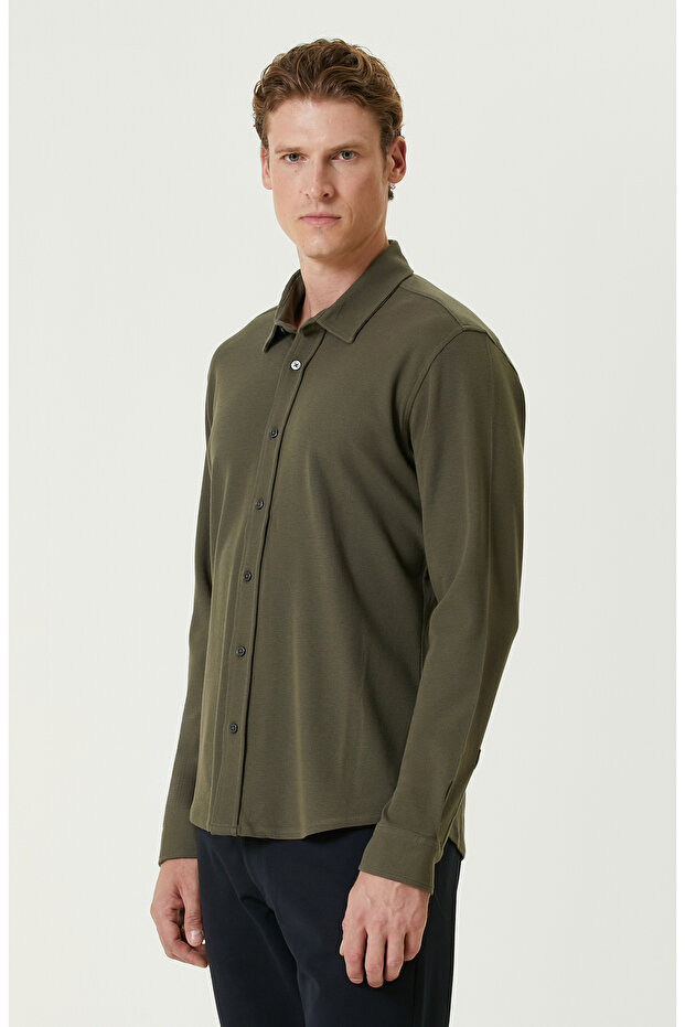 Haki Merserize Örme Gömlek - 4