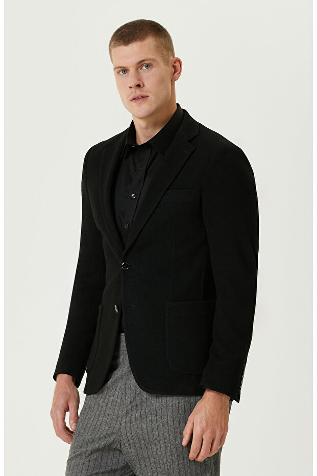 Siyah Yün Karışımlı Jakarlı Örme Ceket - 4