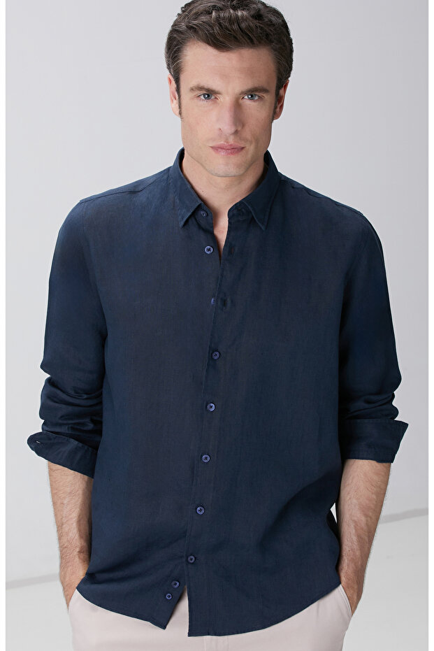 Lacivert Keten Gömlek - 2