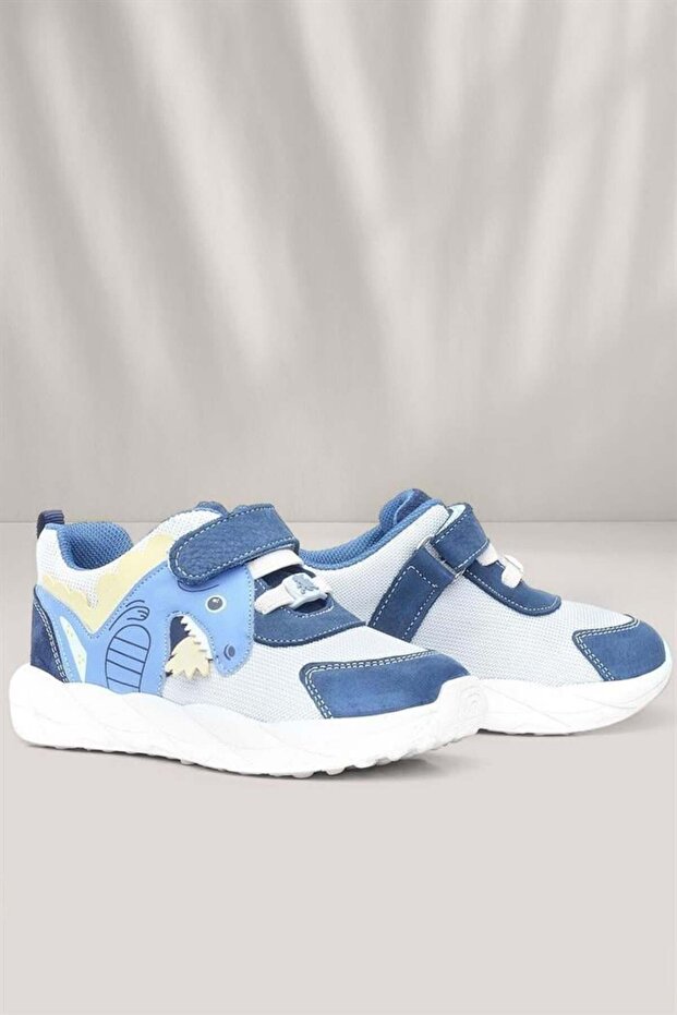 Barefoot Genuine Leather Cream Navy Blue Dinosaur Velcro Children's Sports Shoes