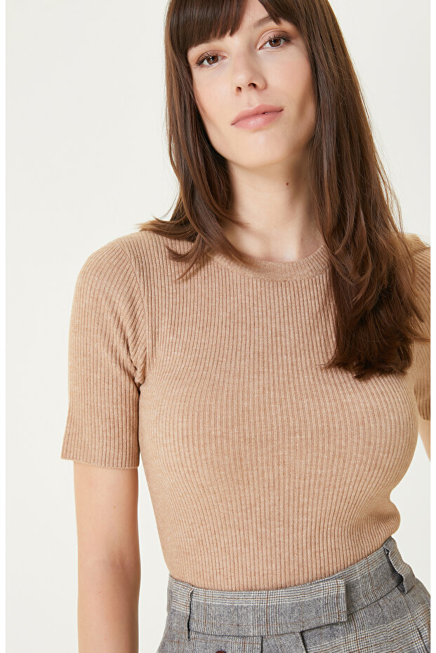 Bej Melanj Kısa Kol Basıc Triko Kazak - 2