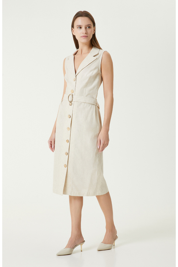 Bej Kadın Keten Elbise - 1